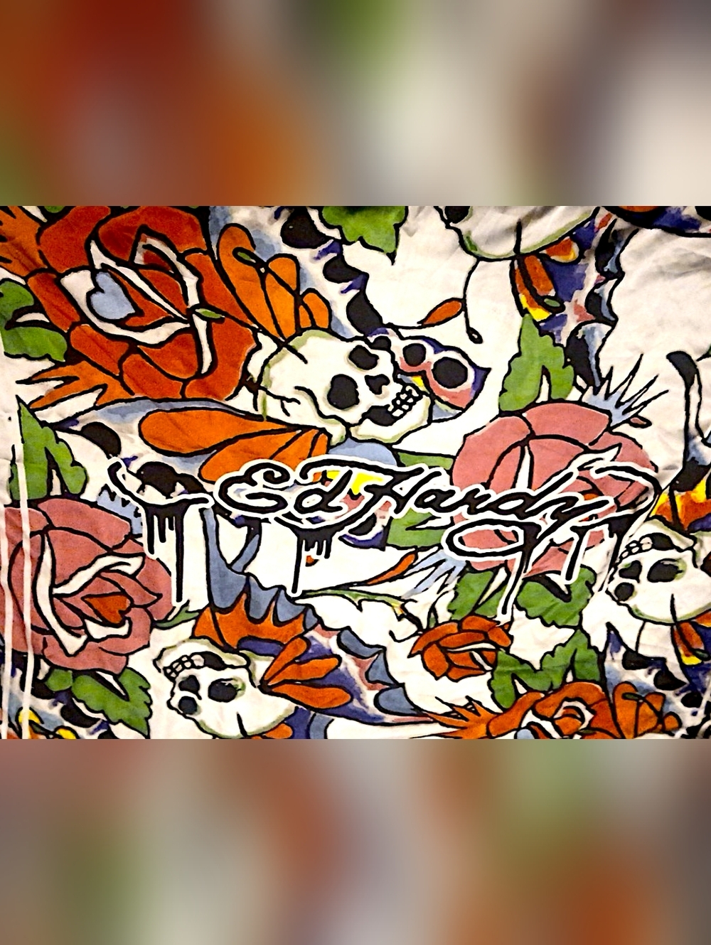 Ed Hardy Skulls & Roses Silky Scarf, Wrap Or Wall Decor One Size